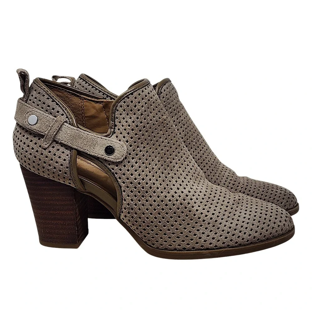Franco Sarto Ankle Booties 7.5M Women Taupe Perforated Leather Dale 2 Block Heel